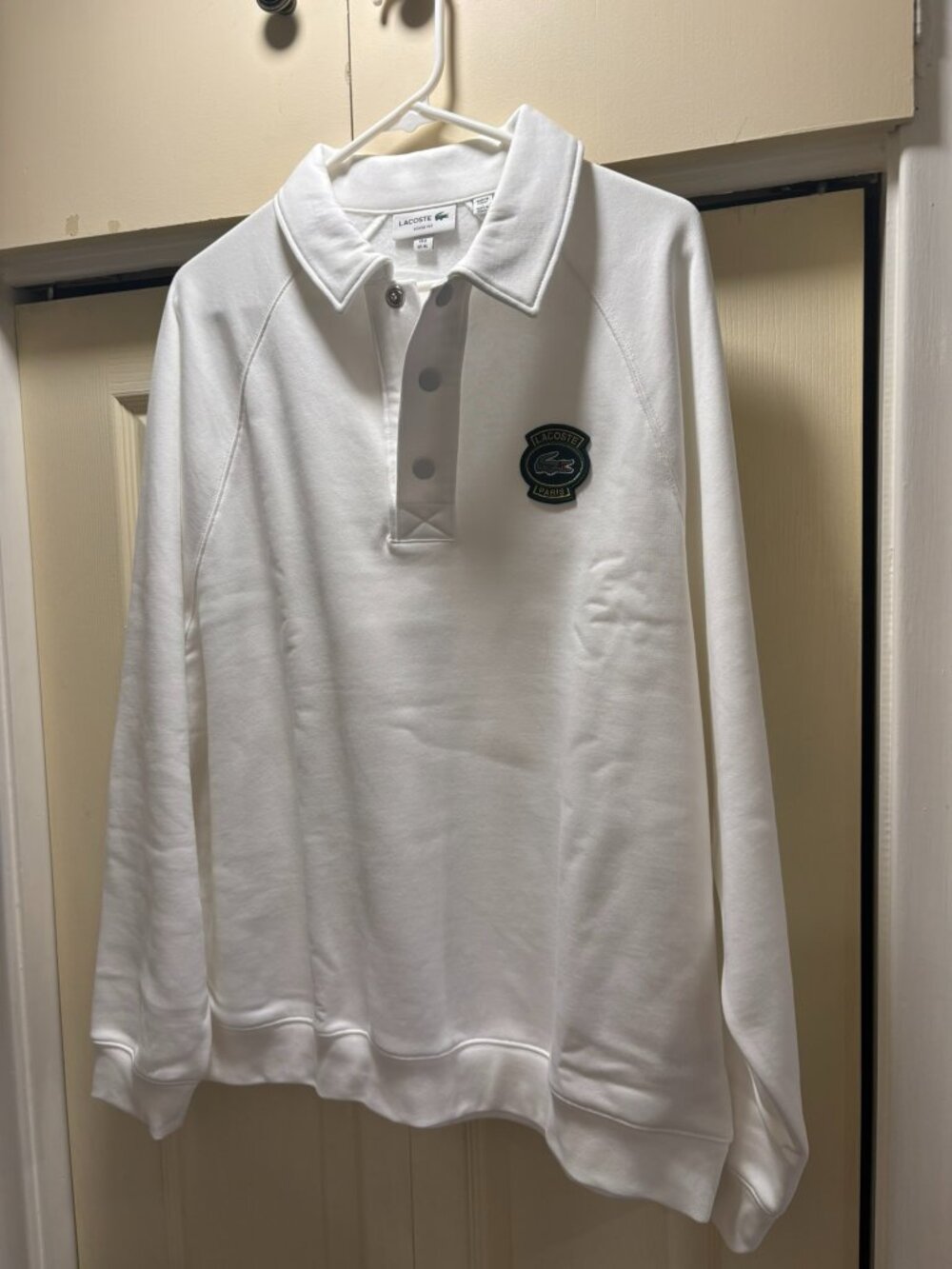 New - Lacoste Paris White Collared Pullover Sweatshirt Men’s L Loose Fit